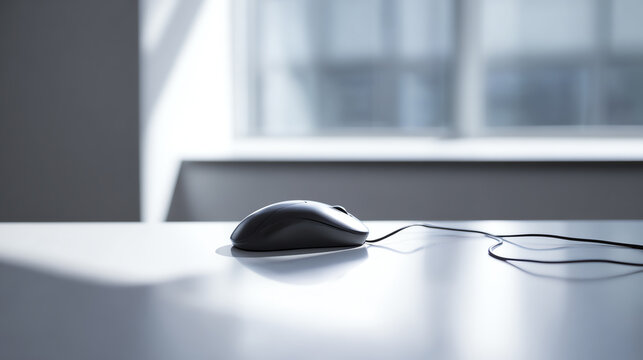 A sleek computer mouse resting on a minimalist desk, illuminated by natural light from a nearby window, showcasing modern office aesthetics.