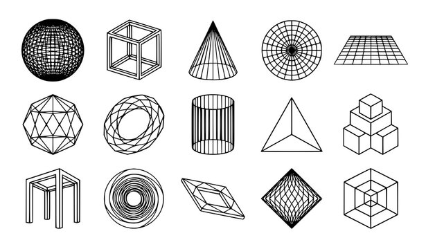 Modern brutalist wireframe 3D geometric elements and grid vector set