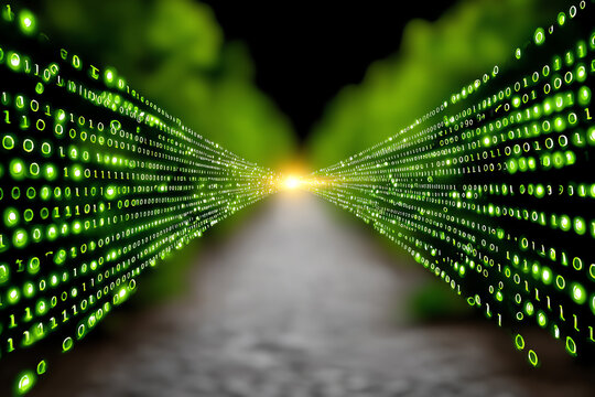 Digital pathway illuminated by green binary code. A blend of nature and technology illustrating data flow in a modern world.