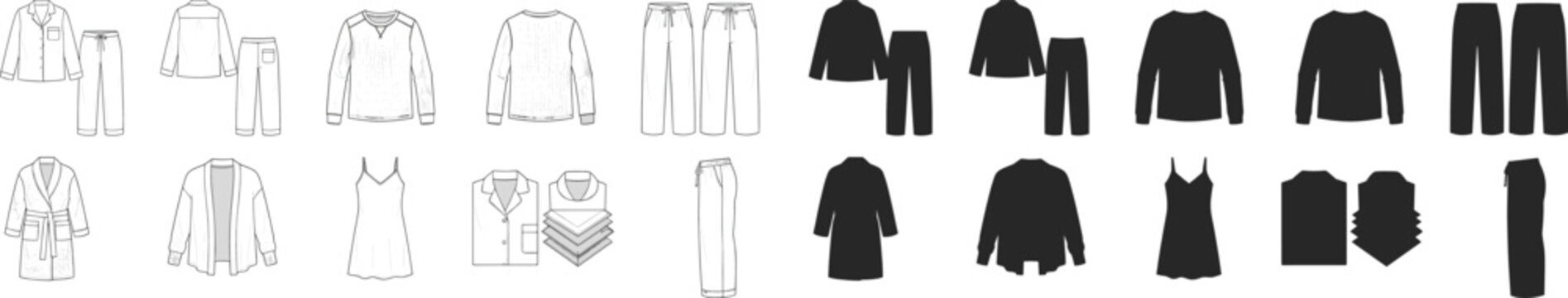 WebCollection of vector line art and silhouettes featuring sleepwear, loungewear, pajamas, and cozy homewear