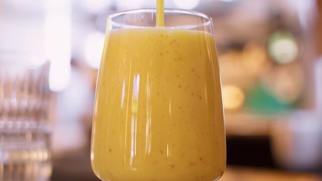 Preparing natural drink. Pouring smoothie. Serving thick frothy yellow fresh banana juice cocktail in stemmed glass with ice cube on bar counter.