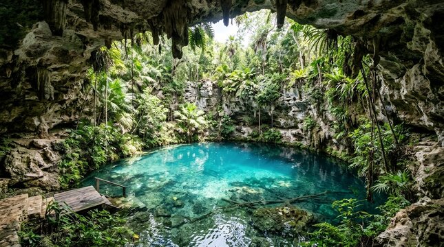 Beautiful Cenote with Crystal Clear Blue Water Surrounded by Lush Green Tropical Jungle and Limestone Cave Walls