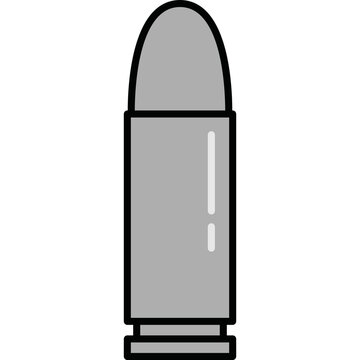 A flat vector icon of a gray bullet centered on a black background, featuring clean outlines and a minimalist design.