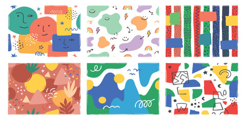 Naklejka premium Set of colorful abstract patterns with hand drawn shapes faces lines and playful textures for creative design