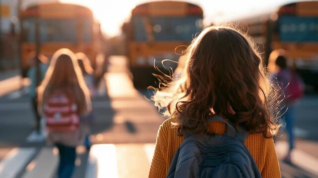 Child with backpack walking towards school bus at sunset  