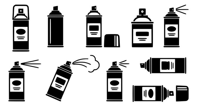 Spray Paint Can States Nozzle Cap and Spray Action Technical Vector Icon Collection
