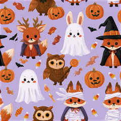 Naklejka premium Cute Halloween pattern with foxes, owls, ghosts, pumpkins, and candy on purple background, festive and playful design