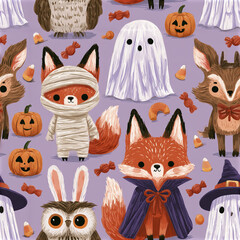 Naklejka premium Cute fox ghost owl pumpkin and deer in Halloween costume pattern with candy on purple background