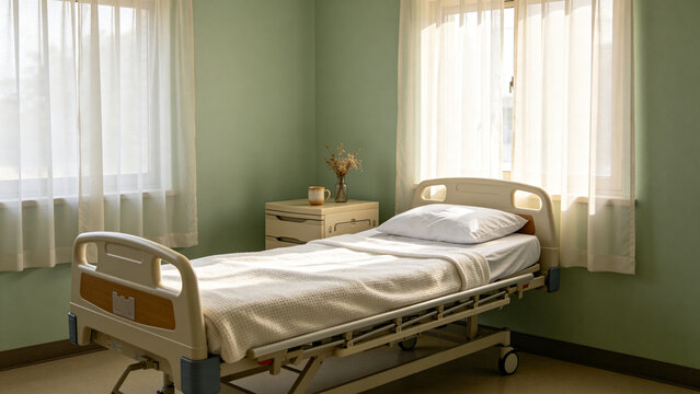 Unoccupied hospice room with care bed and bedside table with dried flowers, healthcare concept