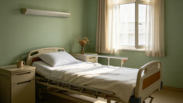 Unoccupied hospice room with care bed and bedside table with dried flowers, healthcare concept