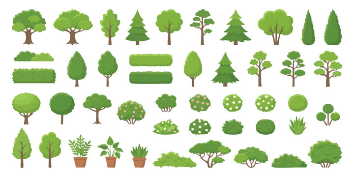 Collection of various green trees and bushes for landscaping and garden design projects in simple flat style