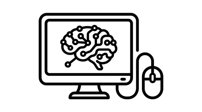 Artificial intelligence icon showing a digital brain on a computer monitor with a mouse.