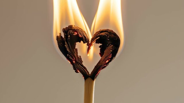 Burning matchstick shaped like a heart on a simple backdrop  