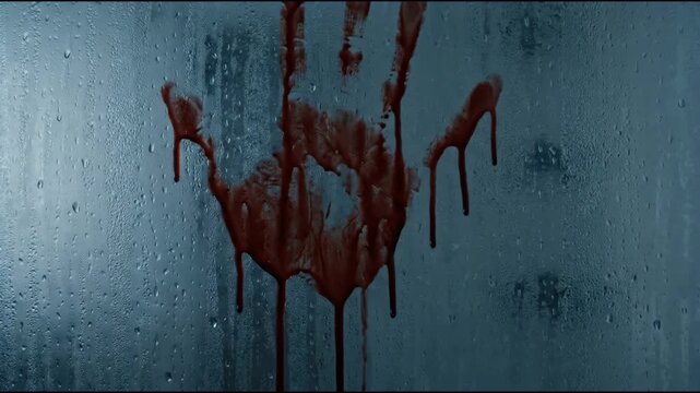 Cinematic 4K Slow Motion of a Bloody Handprint Dripping Down a Steamy Glass Window in a Dark Scary Room with Moody Blue Light
