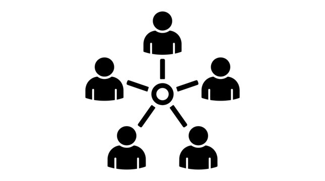 Black and white vector icon of a centralized network of people.