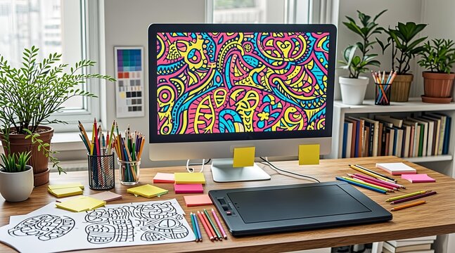 Creative graphic designer workspace with digital tablet and colorful doodle illustration on computer screen