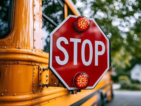 School bus stop sign with flashing red lights for student safety and traffic compliance.