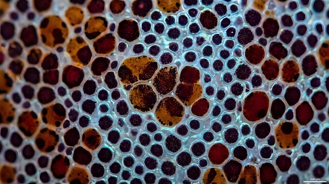 Natural organic texture revealing complex biological cellular structures within botanical plant tissue samples observed under high magnification for scientific research into xylem and phloem
