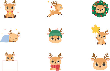 Fototapeta premium Cute Christmas Reindeer Character Icon Set with Festive Holiday Poses Including Sleeping, Jumping, Wearing a Scarf, and Holding a Balloon for Winter Graphic Designs