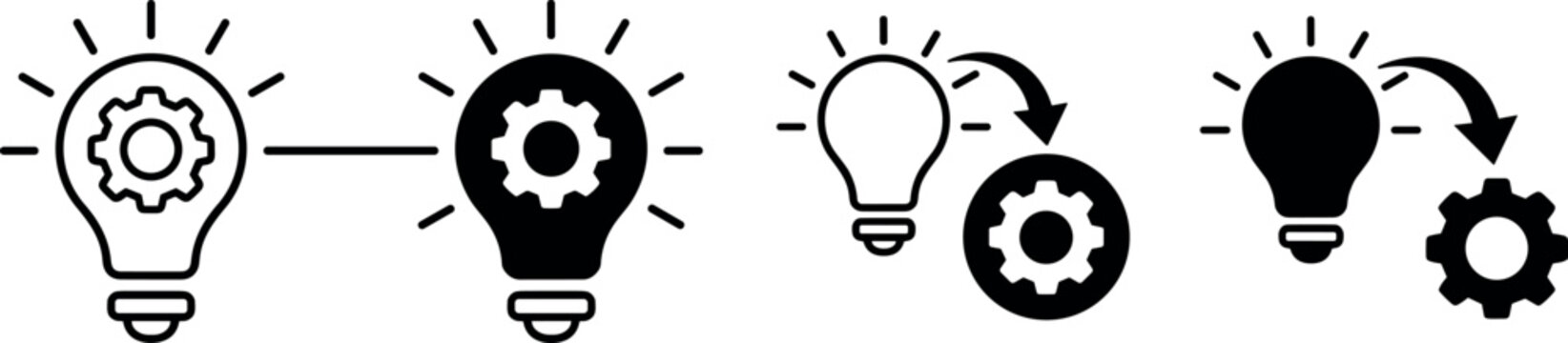 Idea implementation icon set featuring light bulb and gear mechanics for business innovation concept