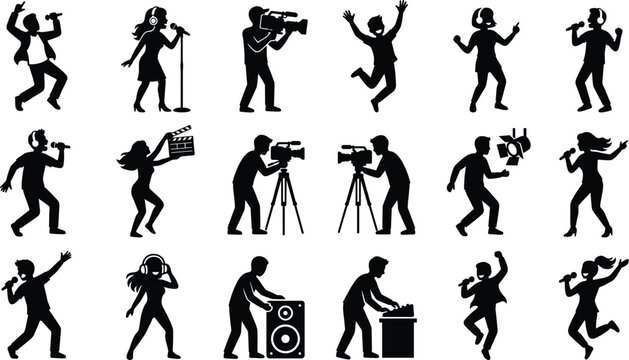 Entertainment industry vector silhouettes featuring singers, cameramen, DJs, and film crew icons
