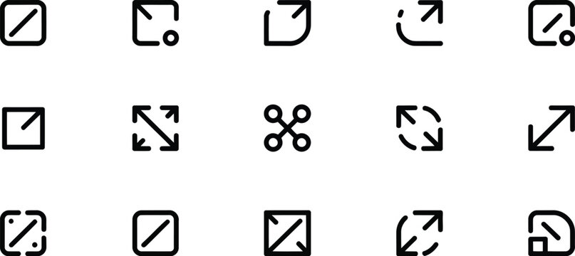 Maximize icon, fullscreen symbol, video expand control, screen resize button, image enlargement, window extension, digital interface, vector graphic.