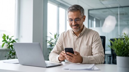 Obraz premium Middle Aged Professional Businessman Using Smartphone While Working on Laptop in Modern Bright Office Environment