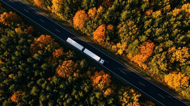 Aerial view White truck on a highway through a vibrant autumn forest, showing fall colors and modern logistics