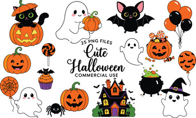 Fototapeta premium Cute Halloween Vector Clip Art Set with Kawaii Ghosts, Jack-o-Lanterns, Black Cat, Haunted House, and Spooky Elements for Graphic Design, Party Invitations, and Commercial Crafting Projects.