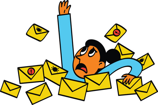 Stressed person drowning in a large pile of letters isolated on transparent background