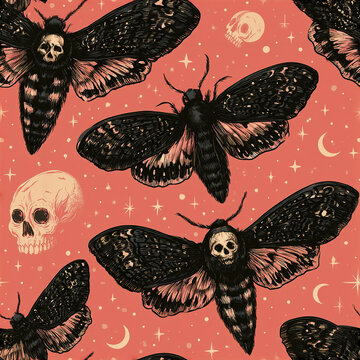 Dark romantic death moth seamless pattern with skulls and crescent moons on coral background, eerie and gothic design