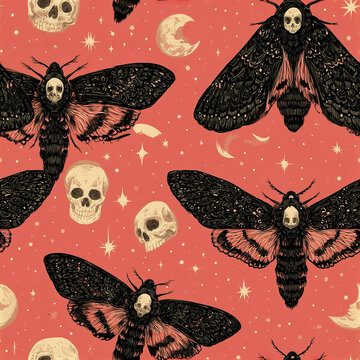 Dark romantic death moth seamless pattern with skulls and moon on red background creating eerie mystical atmosphere