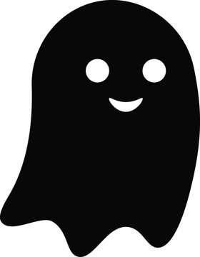Minimalist vector ghost illustration featuring a simple black silhouette with hollow circular eyes and a small curved smiling mouth shape