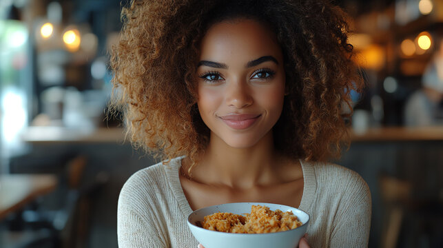 A smiling woman holds a bowl of delicious food, showcasing warmth and joy in a cozy cafe setting.