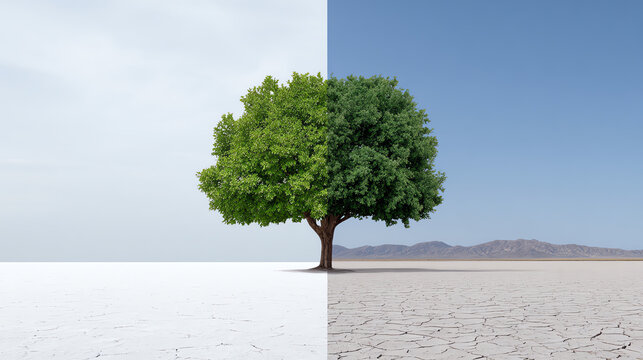 A striking image of a single tree, split between lush greenery and a barren landscape, symbolizing environmental contrast.
