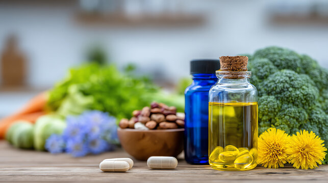 A vibrant display of fresh vegetables, oils, and supplements showcasing healthy eating and nutrition.