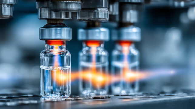 Automated machinery filling sterile vials with pharmaceuticals in a high-tech production environment focused on precision.