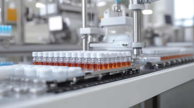Automated production line for pharmaceutical vials in a modern factory environment, showcasing efficiency and advanced technology.