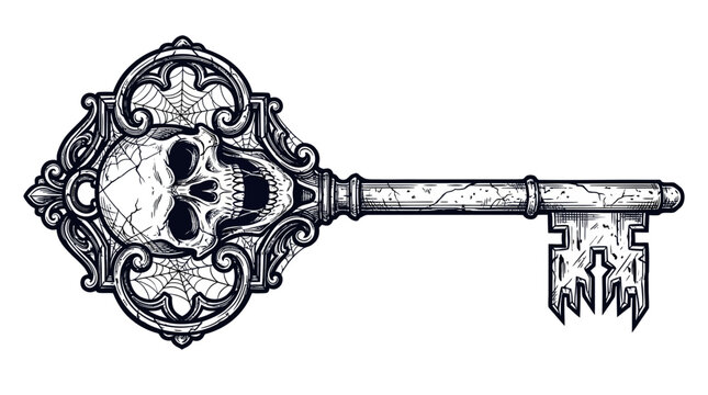 Vintage ornate key with detailed human skull and gothic filigree design.
