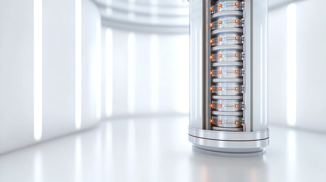 Futuristic design showcasing a sleek energy storage device in an illuminated, modern environment.