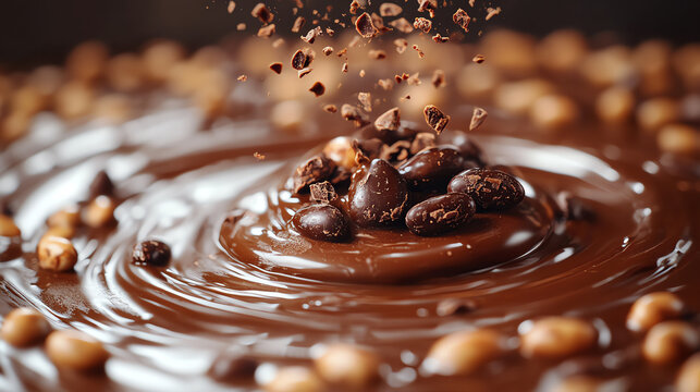 Rich melted chocolate swirls with coffee beans, creating a decadent dessert visual. Perfect for culinary and gourmet projects.