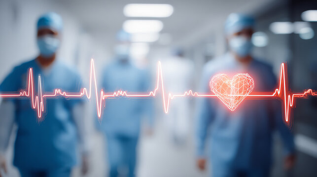 Medical professionals in scrubs working in a hospital hallway, symbolizing care and health with a heart and ECG line.