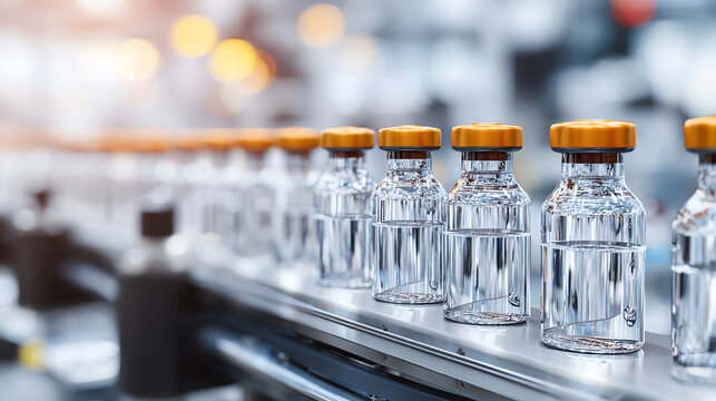 Row of sterilized glass vials on a production line, reflecting modern pharmaceutical manufacturing in a well-lit facility.