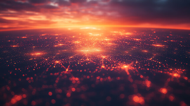 Stunning aerial view of interconnected networks glowing with vibrant colors during a dramatic sunset, symbolizing digital connectivity.