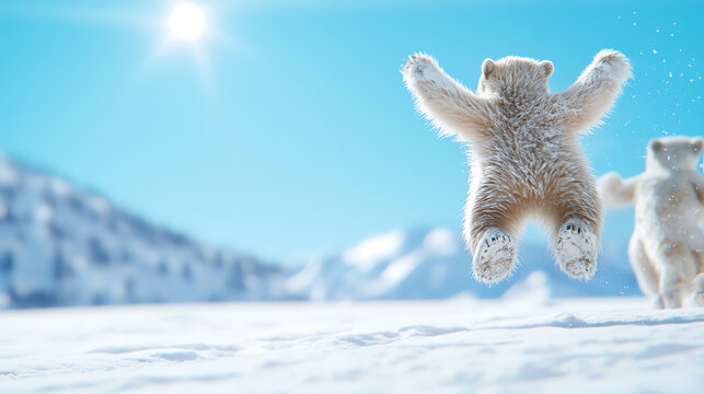 Two playful polar bear cubs jump joyfully in the snowy landscape under a bright blue sky.