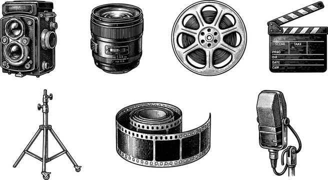 Hand Drawn Retro Photography and Vintage Cinema Equipment Icon Set with TLR Camera Lens Film Reel Clapperboard Tripod Strip and Microphone