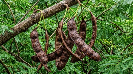Fototapeta premium Dark brown, textured seed pods hanging from a tree branch, surrounded by vibrant green, feathery pinnate leaves in a natural forest setting
