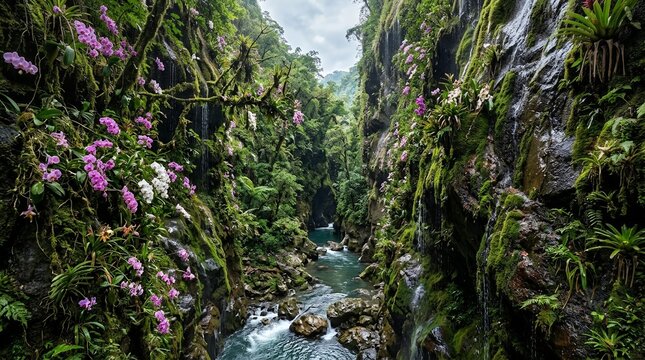 Vibrant Rainforest Canyon with Blooming Orchids and Lush Green Moss Overlooking a Clear River Stream in Hidden Paradise