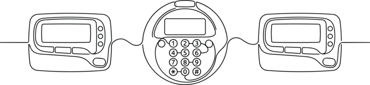 Vintage telecommunication pager devices drawing featuring old handheld pocket numeric beeper screens and telephone dial pad