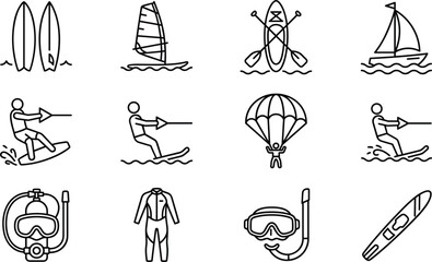 Naklejka premium Water extreme sports and ocean recreation line icons set featuring surfing windsurfing parasailing diving and sailing elements